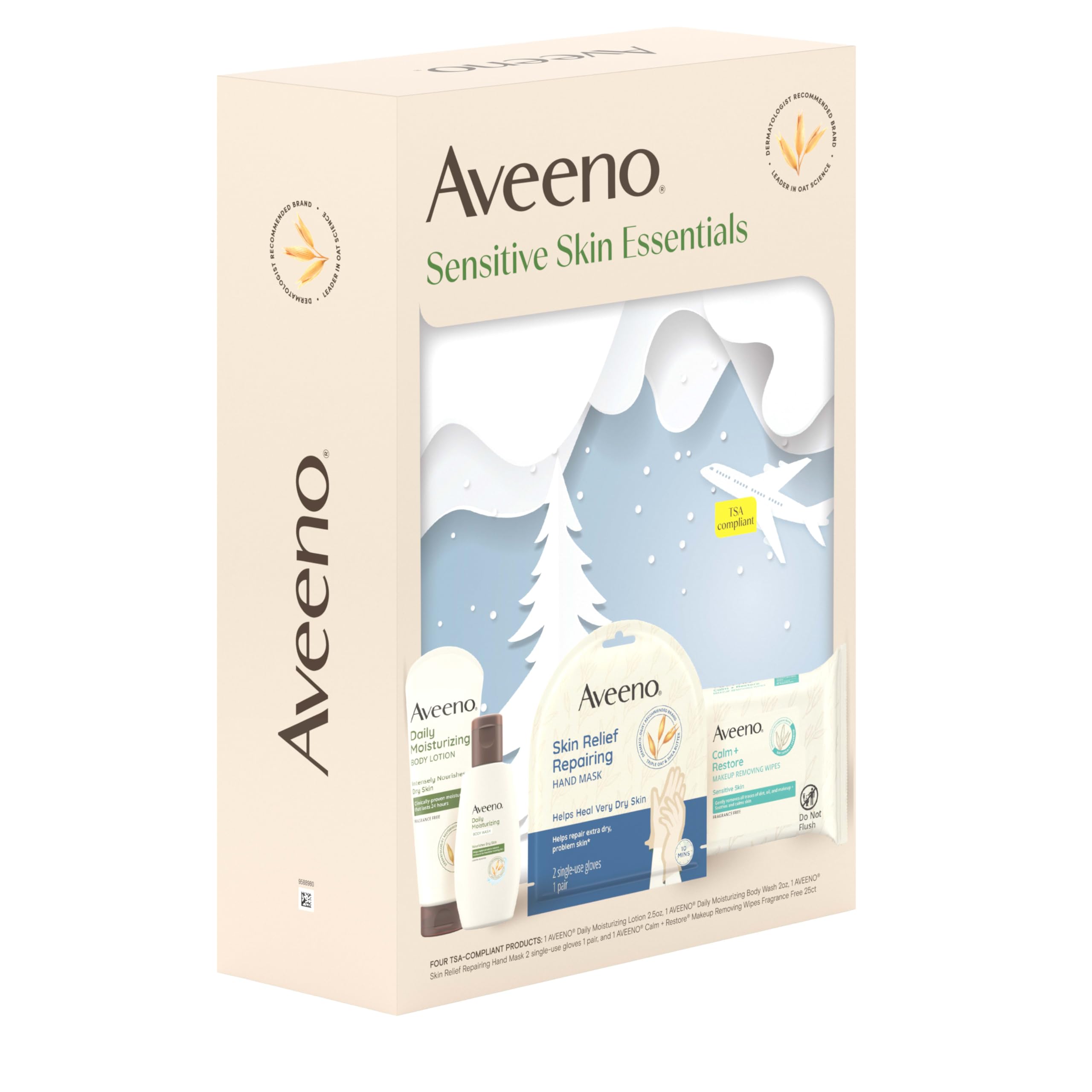 Presentación del set Aveeno para regalo, cuidado suave para piel sensible.