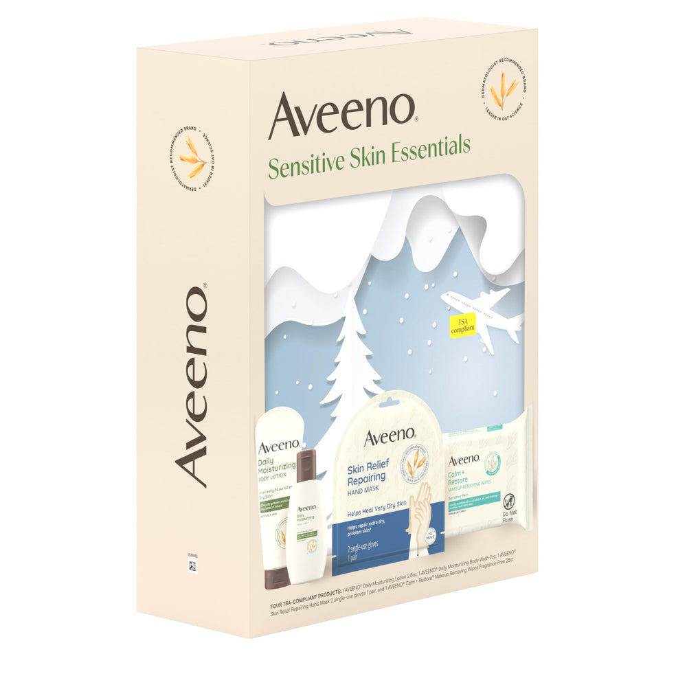 Presentación del set Aveeno para regalo, cuidado suave para piel sensible.