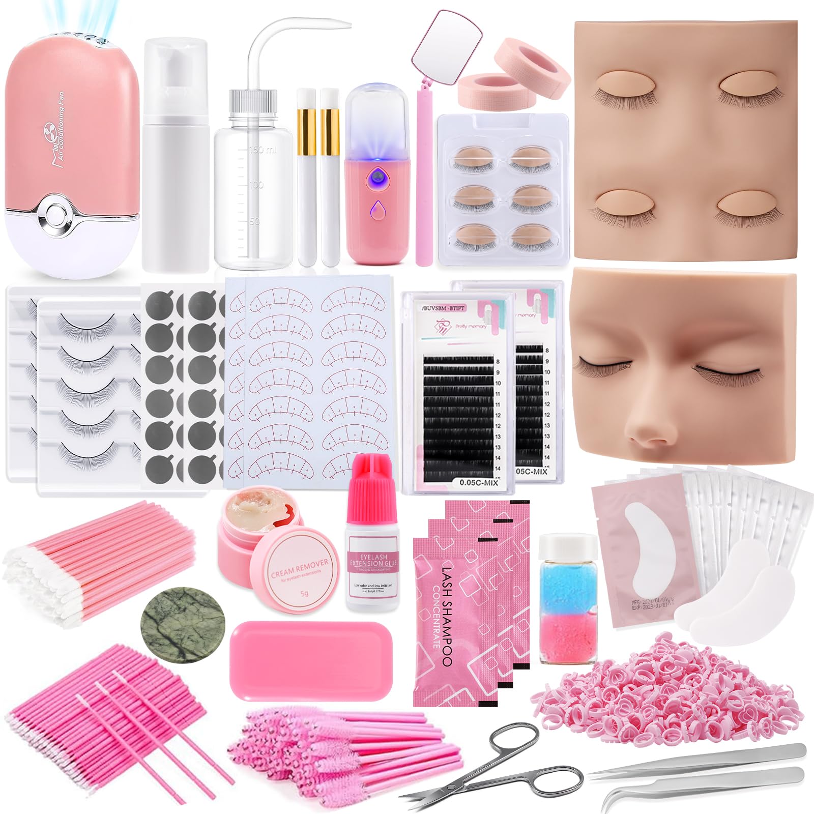 Pretty memory eyelash extension kit with two mannequin heads for realistic practice sessions