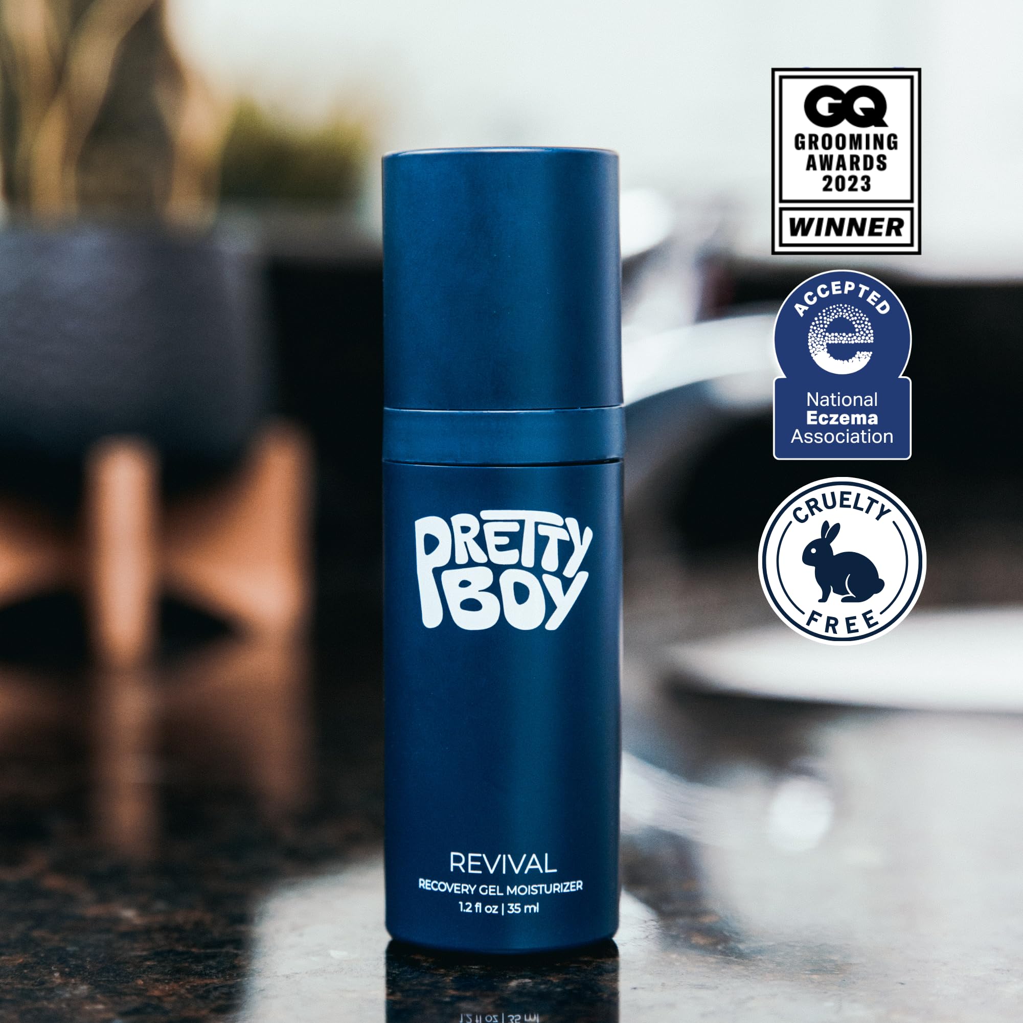 Prettyboy Face Revival Gel Moisturizer packaging view conveys a sleek masculine design.