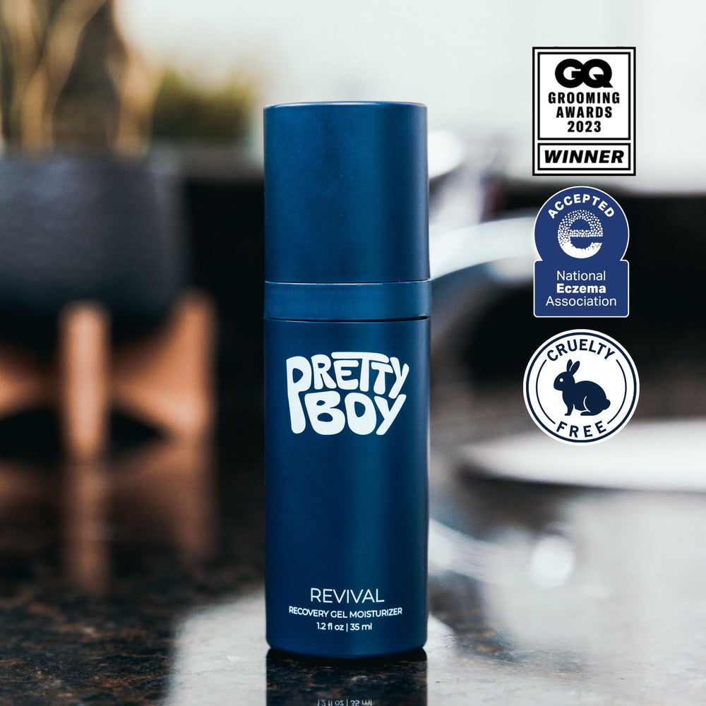 Prettyboy Face Revival Gel Moisturizer packaging view conveys a sleek masculine design.