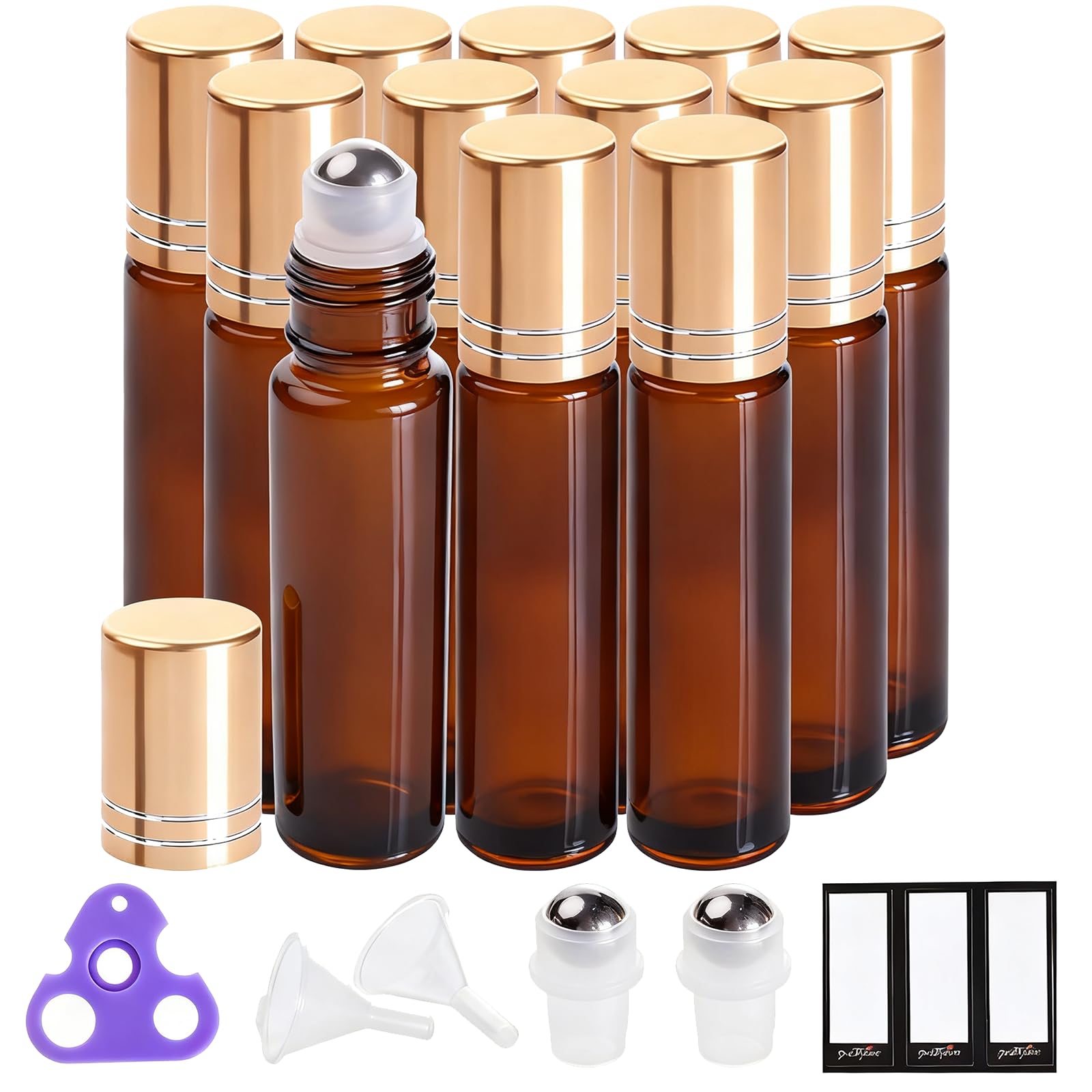 PrettyCare 12-pack 10ml roller bottles for portable essential oil storage.