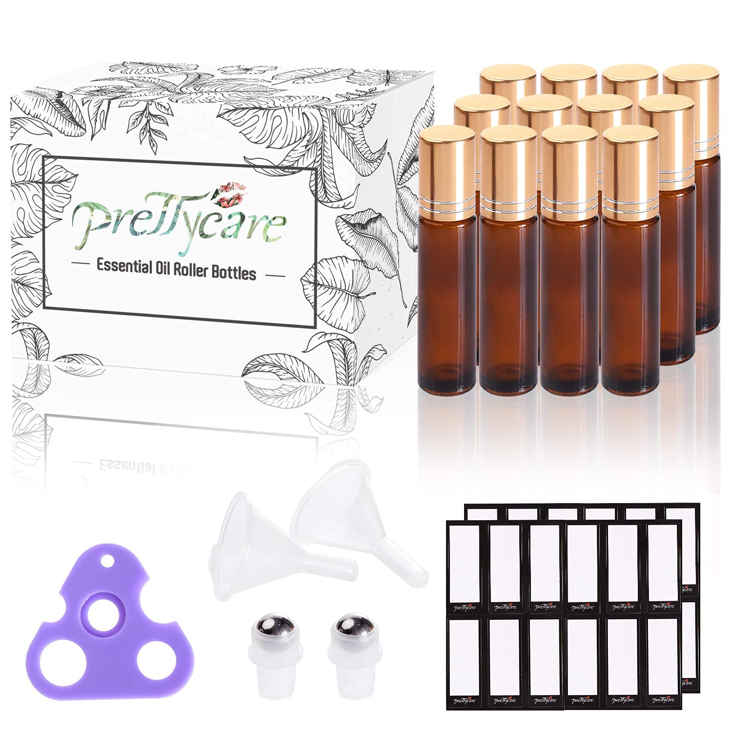 PrettyCare amber glass roller bottle close-up showing UV protection.
