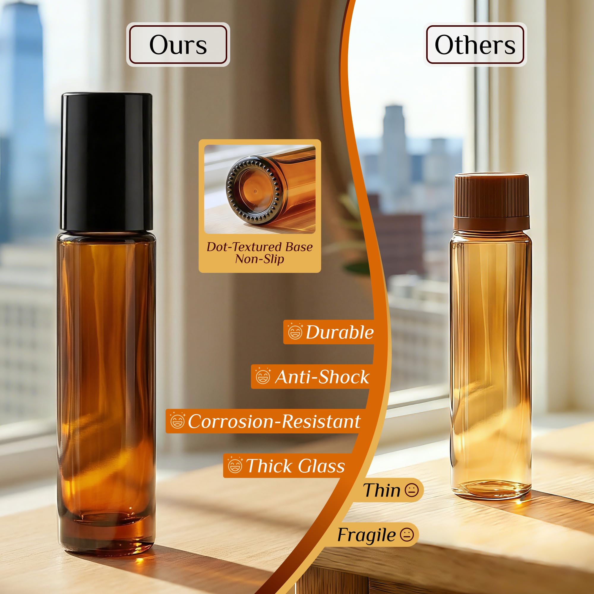 PrettyCare amber glass close-up highlighting UV protection for blends.