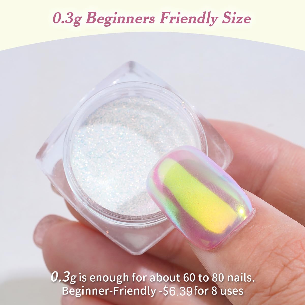 Pretty Diva aurora chrome powder rubbed onto nail for iridescent finish.