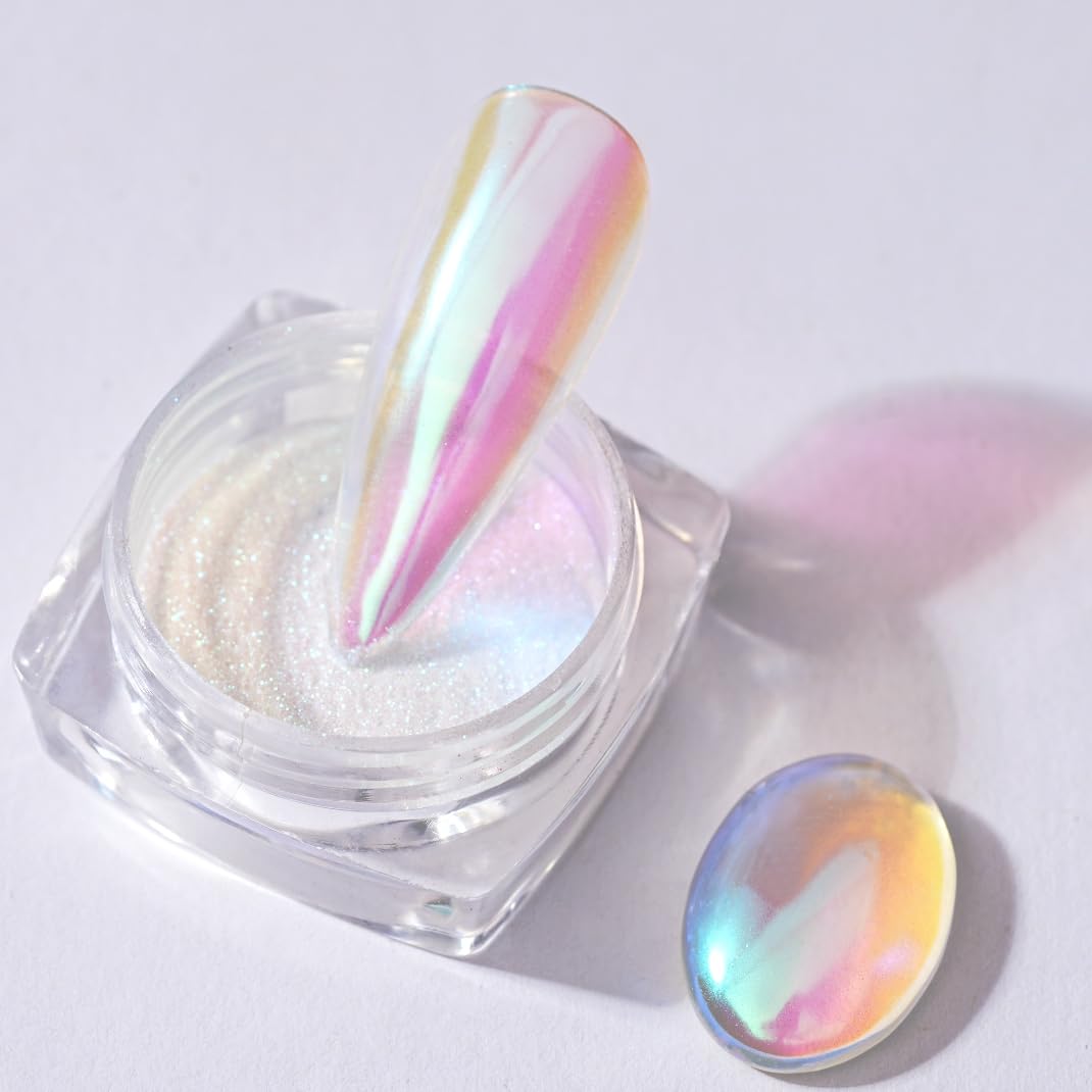 PrettyDiva Mermaid Chrome Powder bottle with iridescent nail finish for salon-style nails.