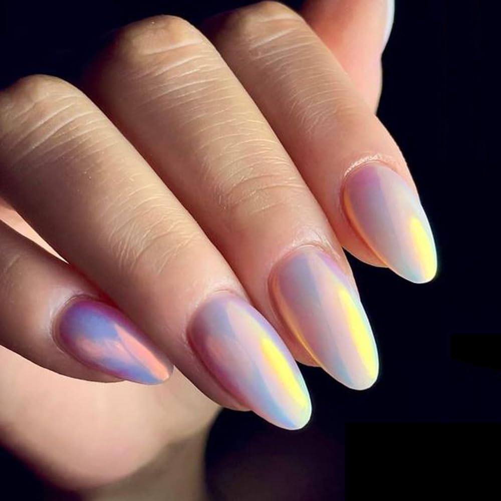 Pretty Diva mermaid chrome powder shimmer on gel nails for wow effect.