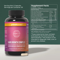 Primal Harvest Hair Growth Vitamins capsules pour, illustrating daily intake for hair wellness