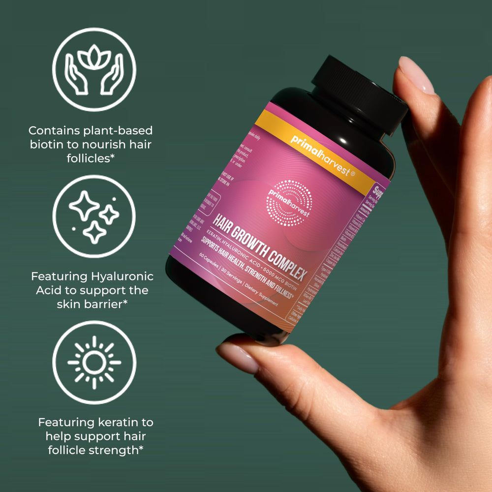 USA-made label on Primal Harvest bottle signaling quality hair nutrition.