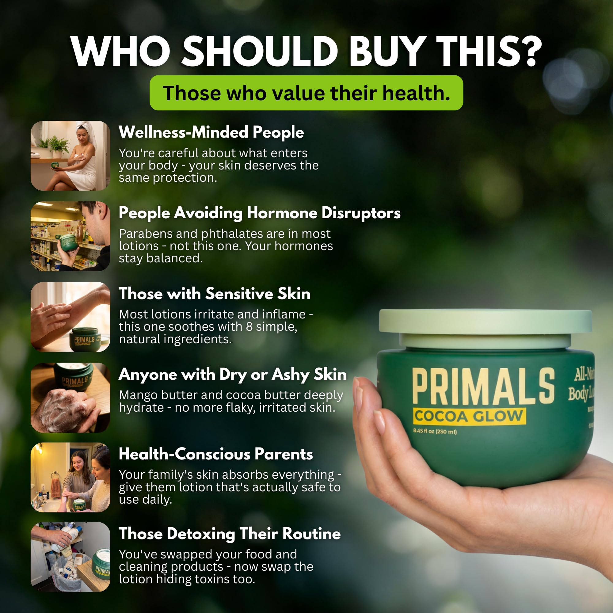 Hands applying PRIMALS lotion with aloe infusion visible