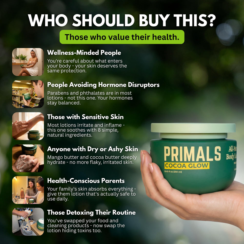 Hands applying PRIMALS lotion with aloe infusion visible