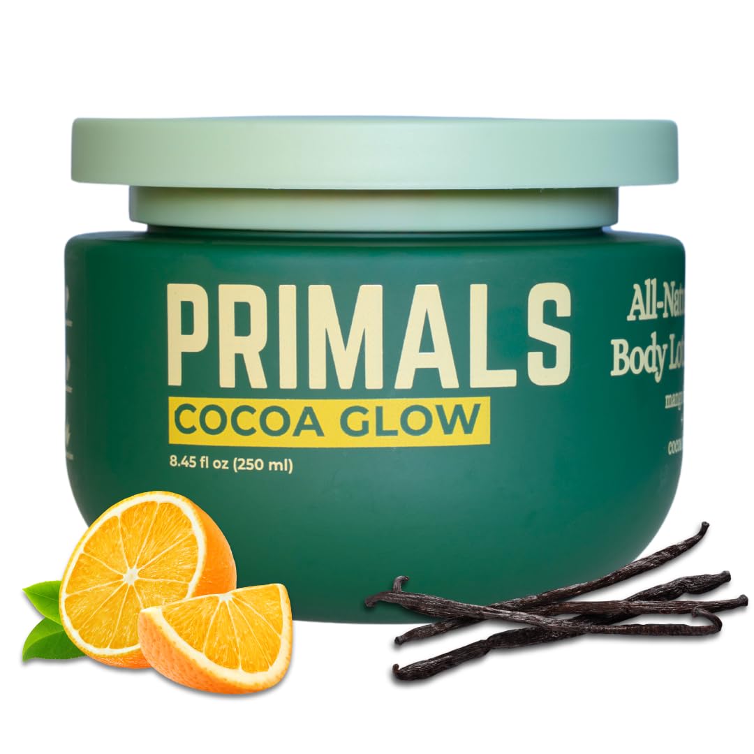 PRIMALS All Natural Body Lotion bottle showing cocoa and mango butter for deep hydration