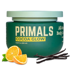PRIMALS All Natural Body Lotion bottle showing cocoa and mango butter for deep hydration