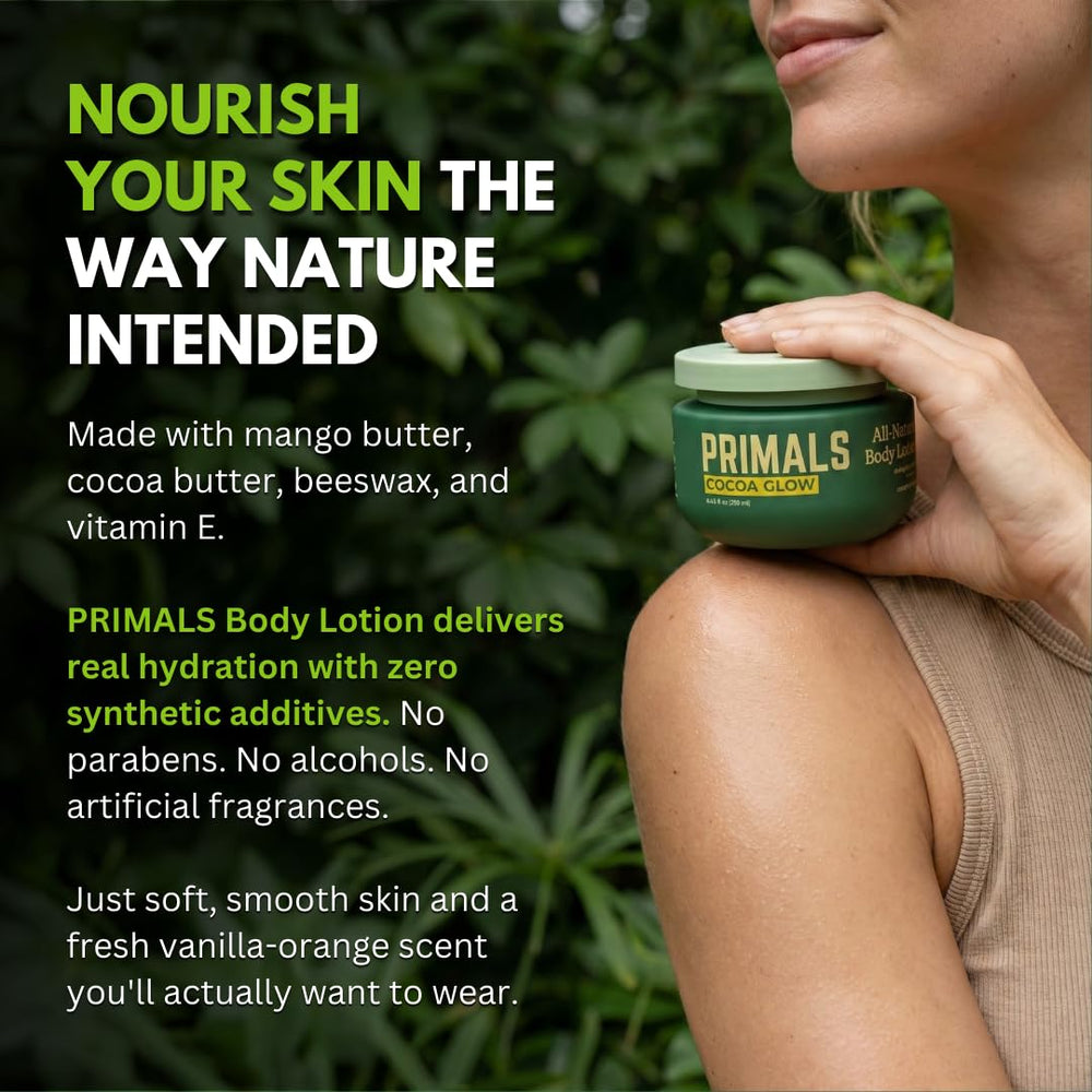 Flat-lay of PRIMALS All Natural Body Lotion and bottle