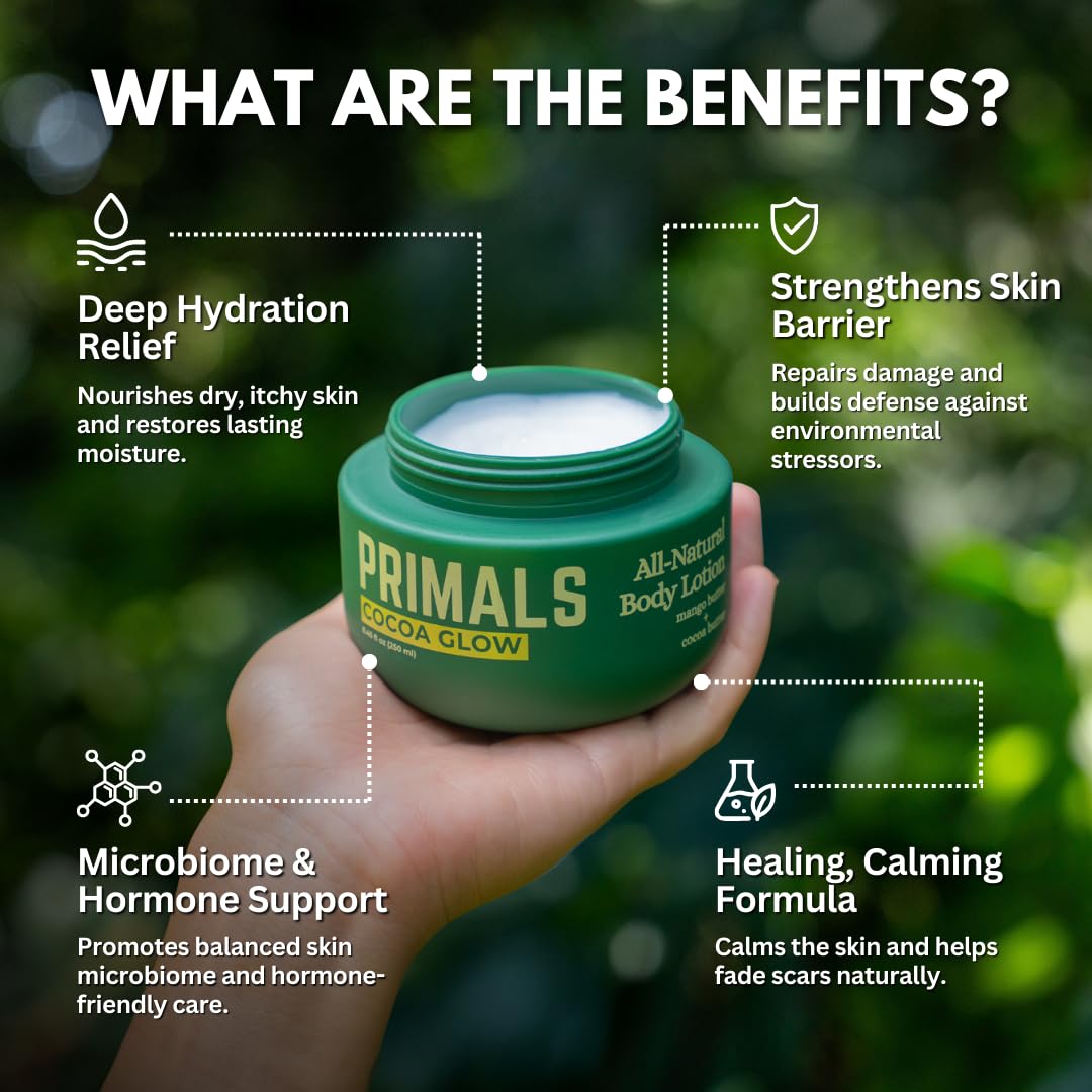 Swirl of PRIMALS lotion demonstrating rich, non-greasy finish