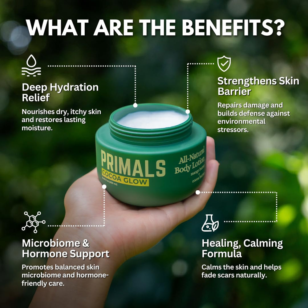 Swirl of PRIMALS lotion demonstrating rich, non-greasy finish