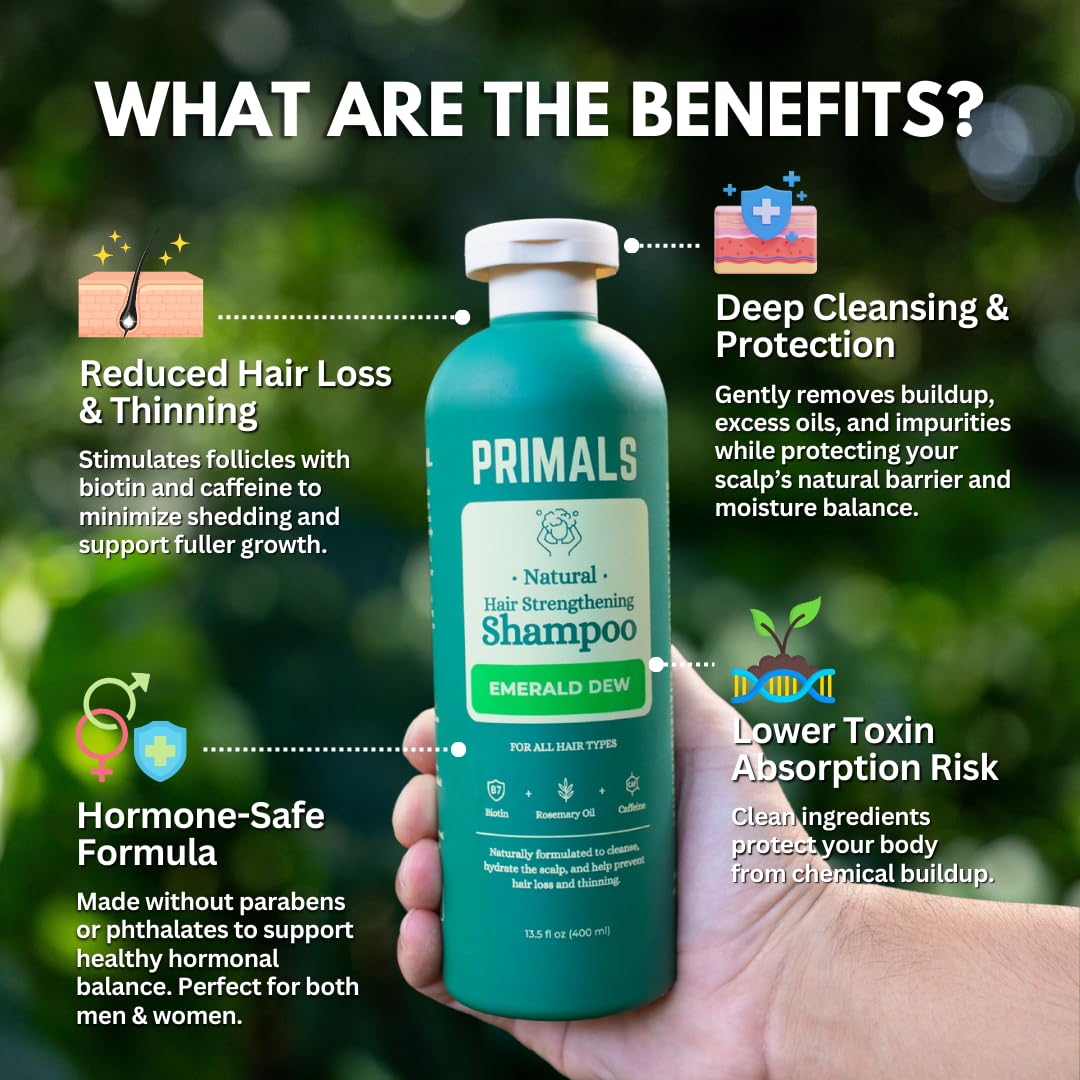 PRIMALS shampoo label closeup highlights clean, natural ingredients