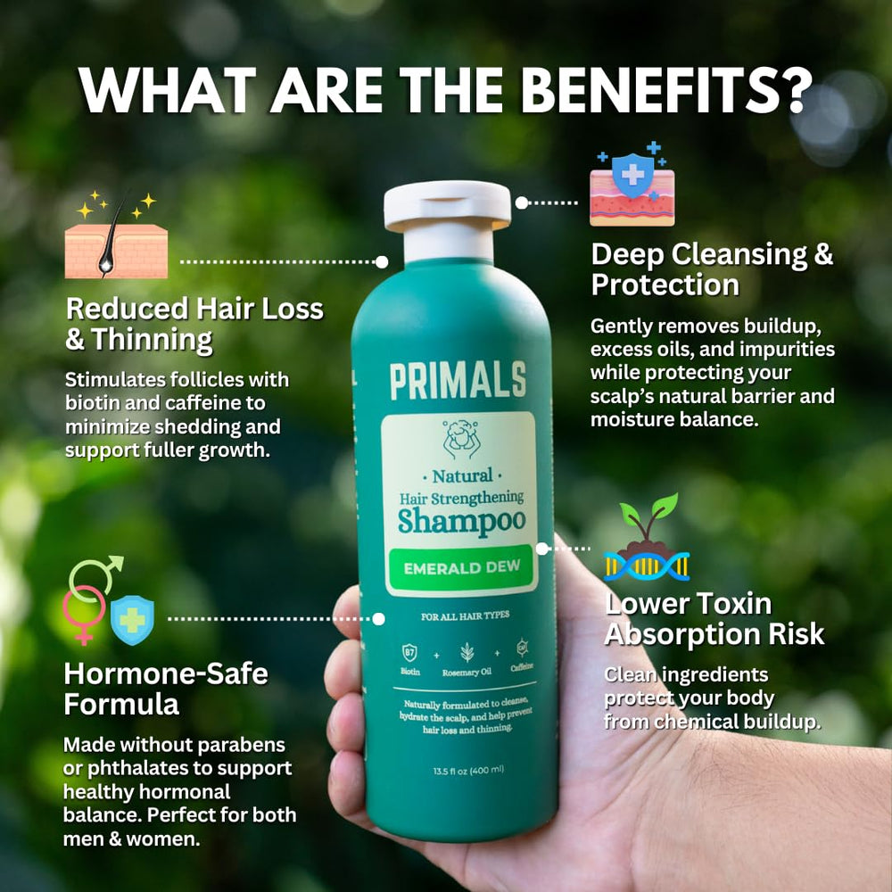PRIMALS shampoo label closeup highlights clean, natural ingredients
