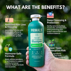 PRIMALS shampoo label closeup highlights clean, natural ingredients