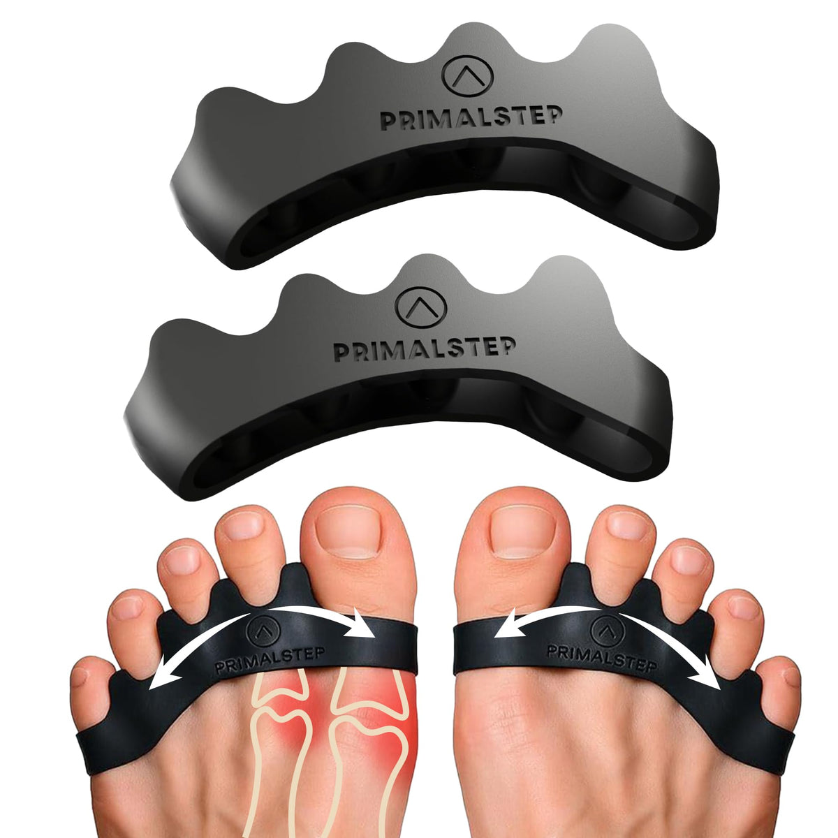 PRIMALSTEP toe separators close-up in soft silicone for comfortable toe alignment.