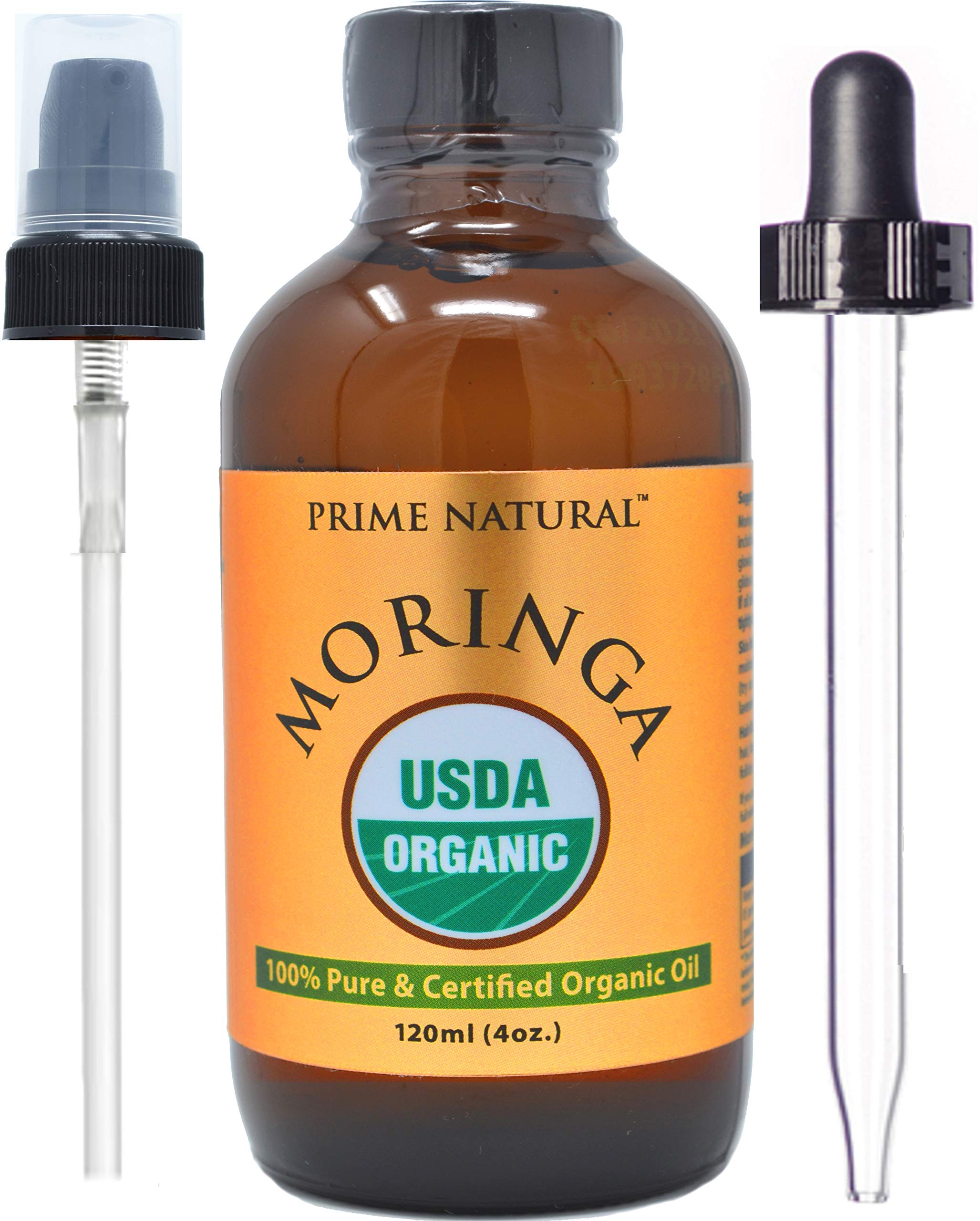 Prime Natural Moringa Oil bottle front shows pure, cold-pressed oil for skin and hair