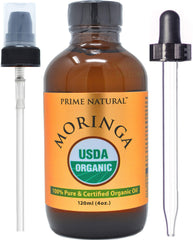 Prime Natural Moringa Oil bottle front shows pure, cold-pressed oil for skin and hair