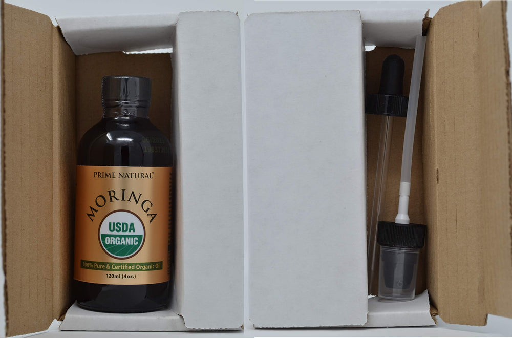 Prime Natural Moringa Oil packaging and bottle reflects versatile beauty and health use