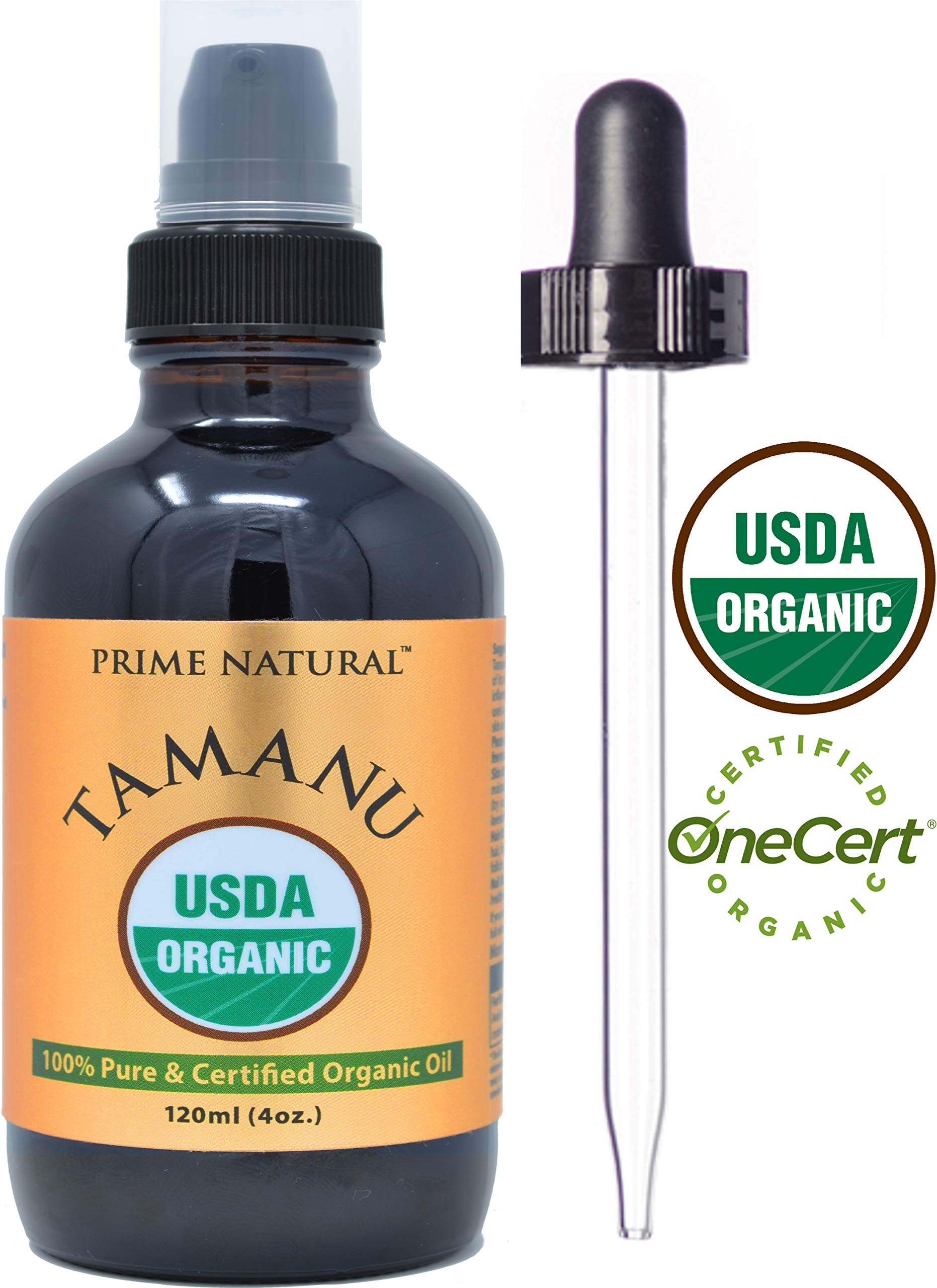 Prime Natural Tamanu Aceite con gotero de vidrio ámbar para dosificar con precisión.