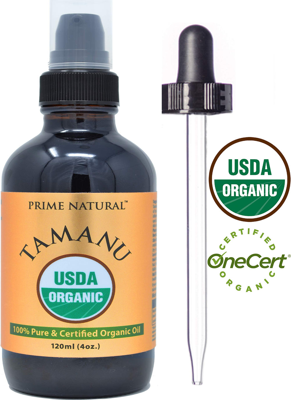 Prime Natural Tamanu Aceite con gotero de vidrio ámbar para dosificar con precisión.