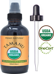 Prime Natural Tamanu Aceite con gotero de vidrio ámbar para dosificar con precisión.