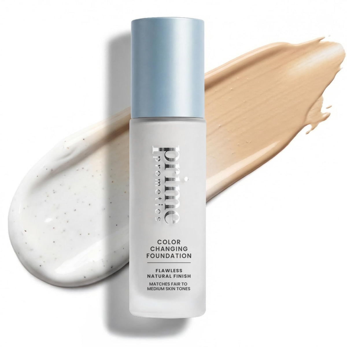 Prime Prometics foundation bottle demonstrates color-changing shade technology for seamless skin match.