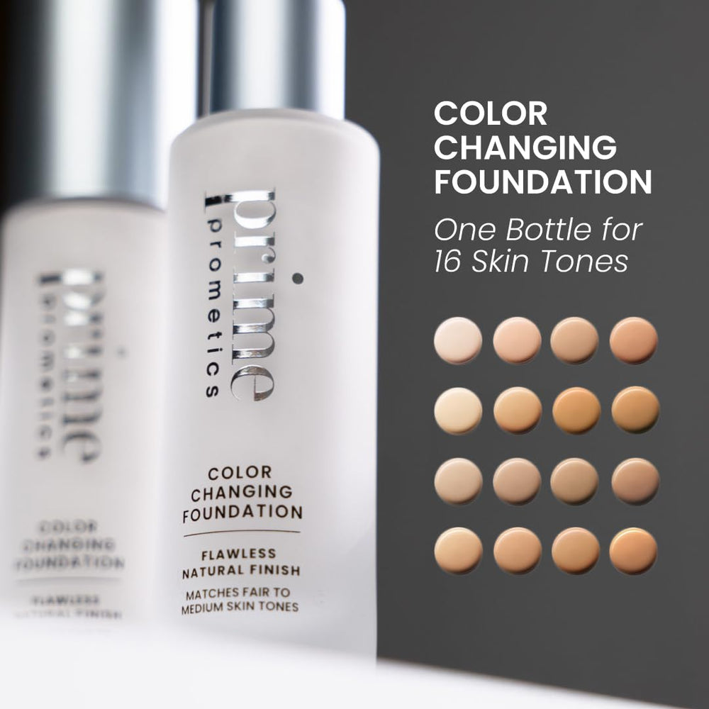 Prime Prometics foundation closeup texture highlights natural dew finish on mature skin.