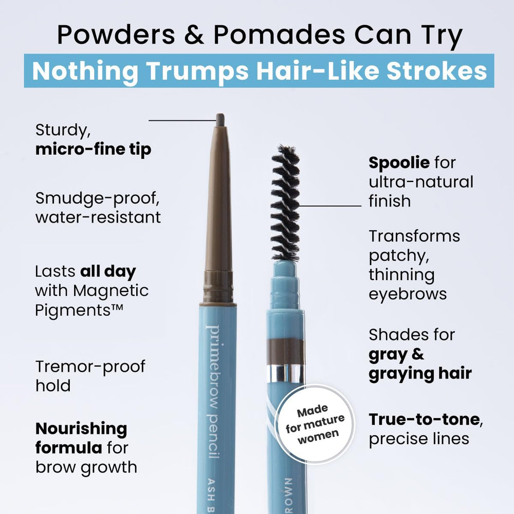 Five mature-friendly shade swatches blend with gray-toned brows.
