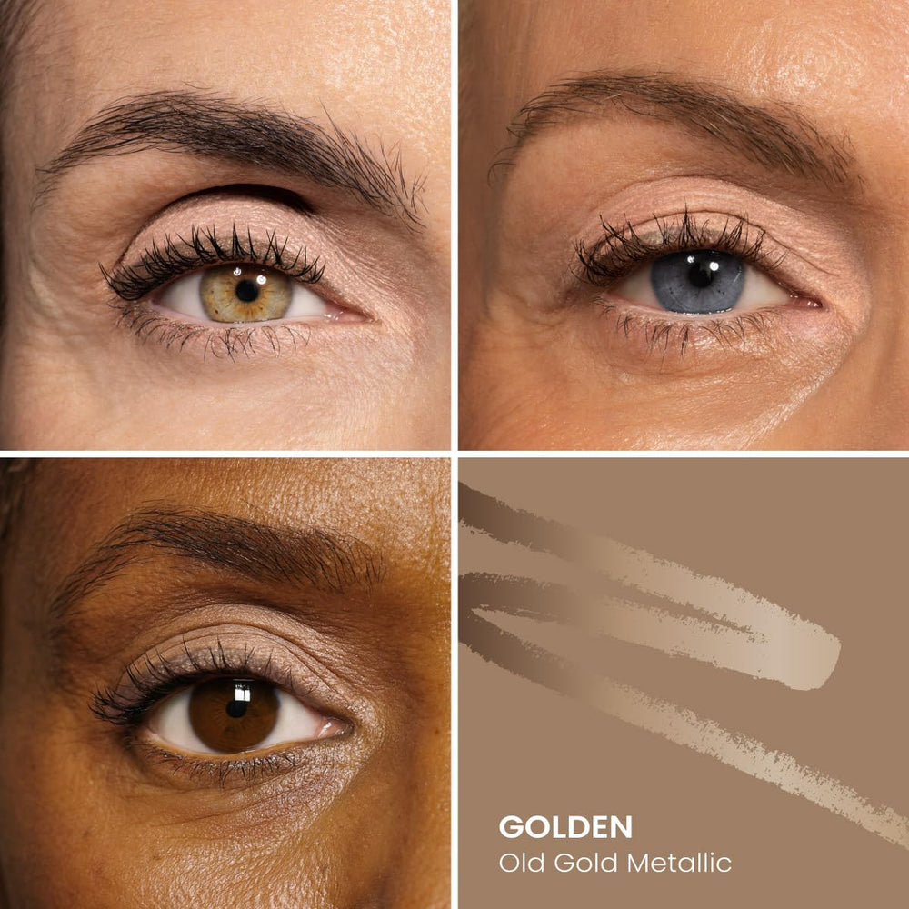 PrimePrometics PrimeEyes Glide Eyeliner golden metallic application shows smooth pigment and reliable wear.