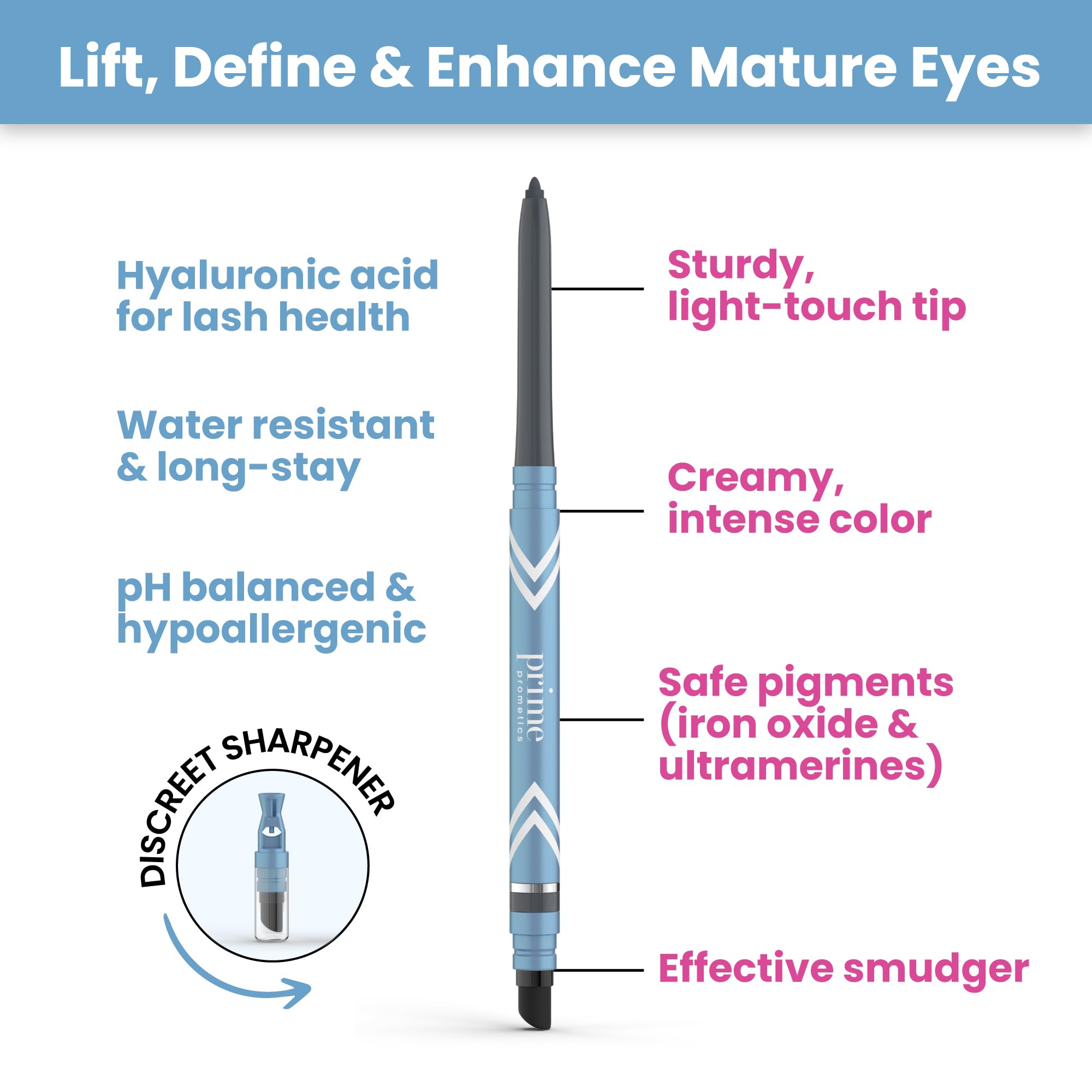 PrimePrometics PrimeEyes Glide Eyeliner defines a subtle wing for mature eyes.