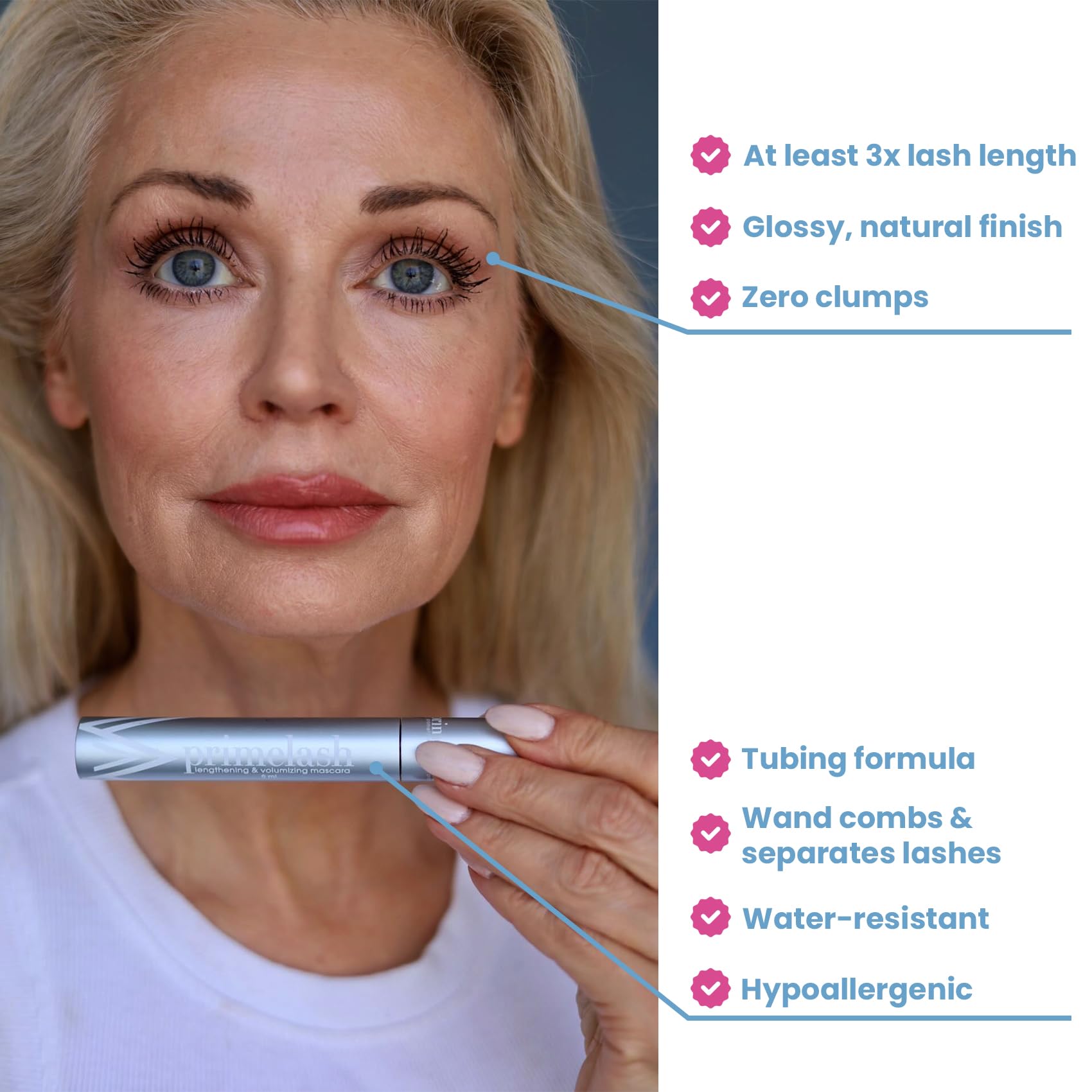 Prime Prometics PrimeLash mascara brush close-up for smooth, clump-free application.