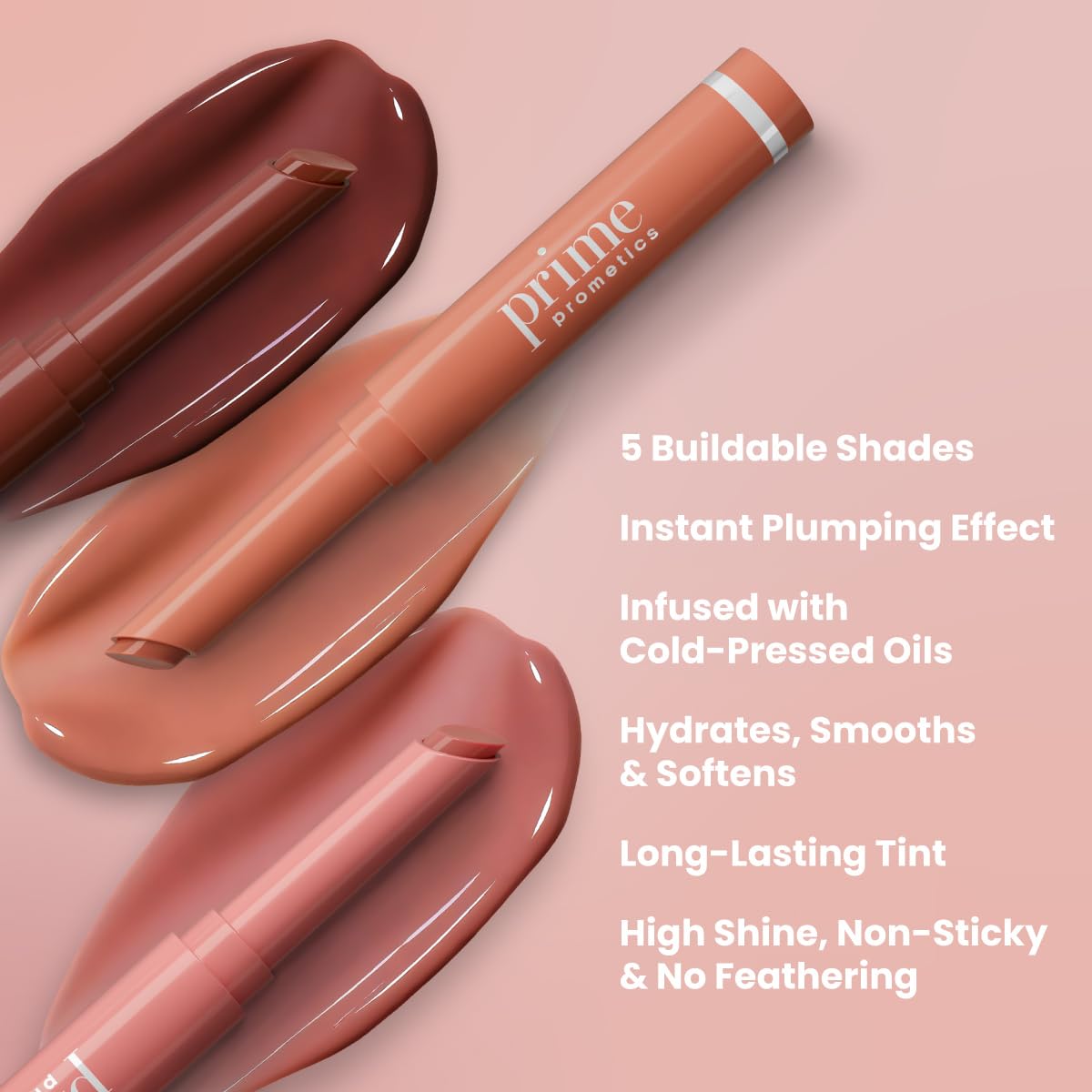 PrimeLip rose swatch showing buildable color from sheer to rich
