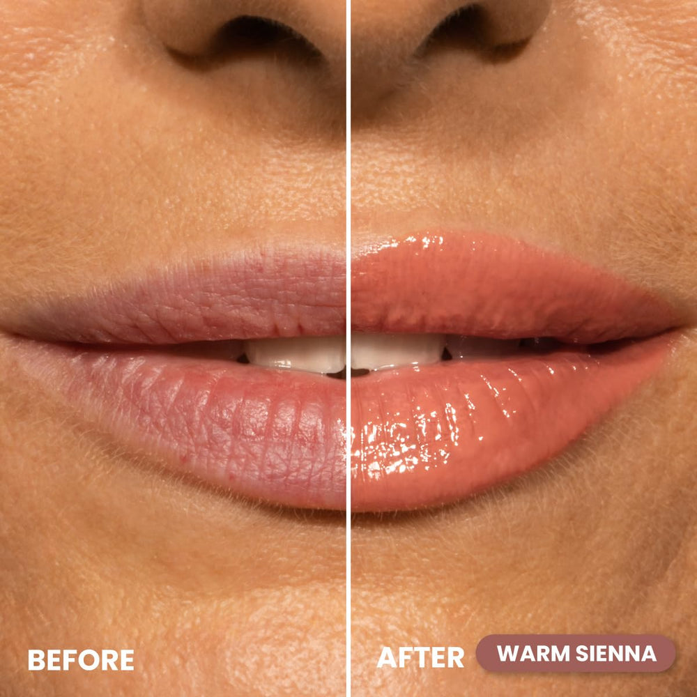 PrimeLip SPF 35 Lip Oil hydration close-up shows deep moisture.