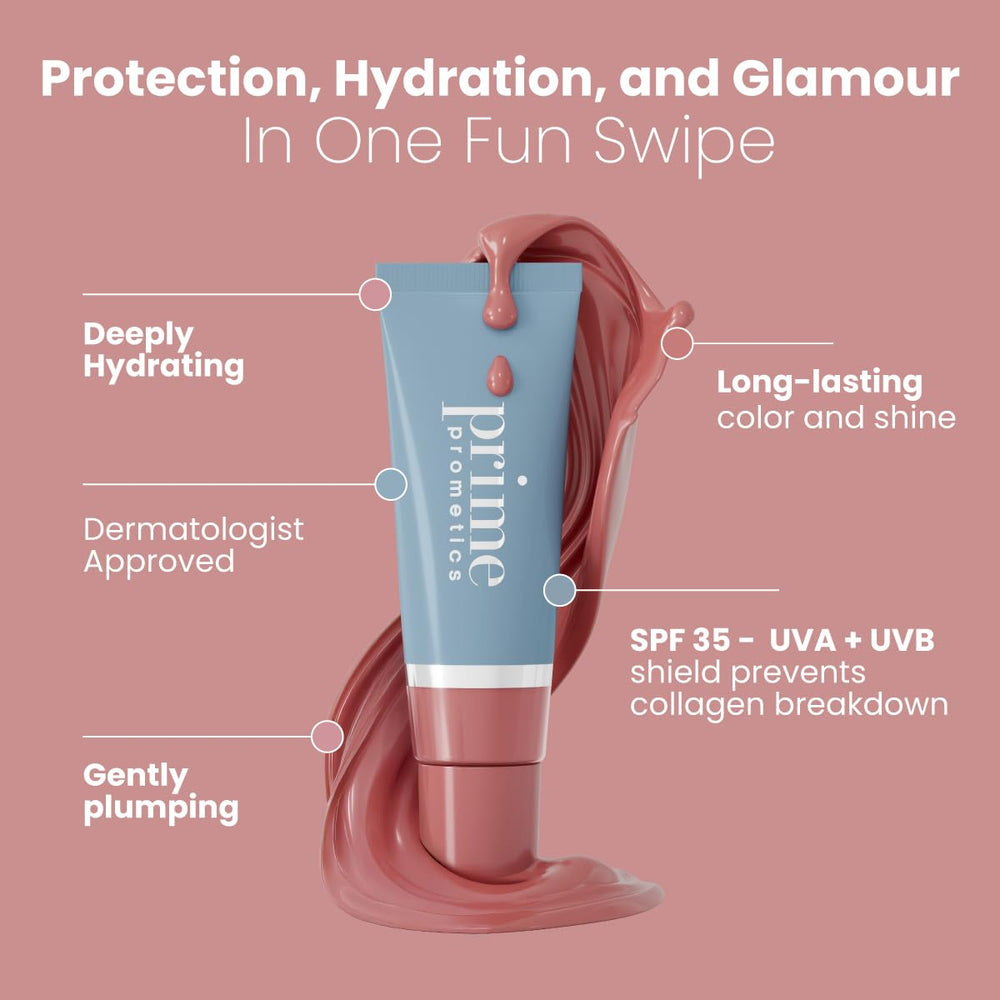 PrimeLip SPF 35 Lip Oil warm-sienna shade on lips.