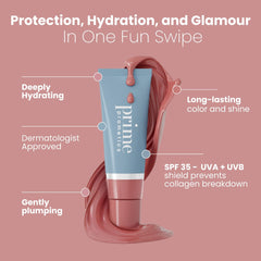 PrimeLip SPF 35 Lip Oil warm-sienna shade on lips.