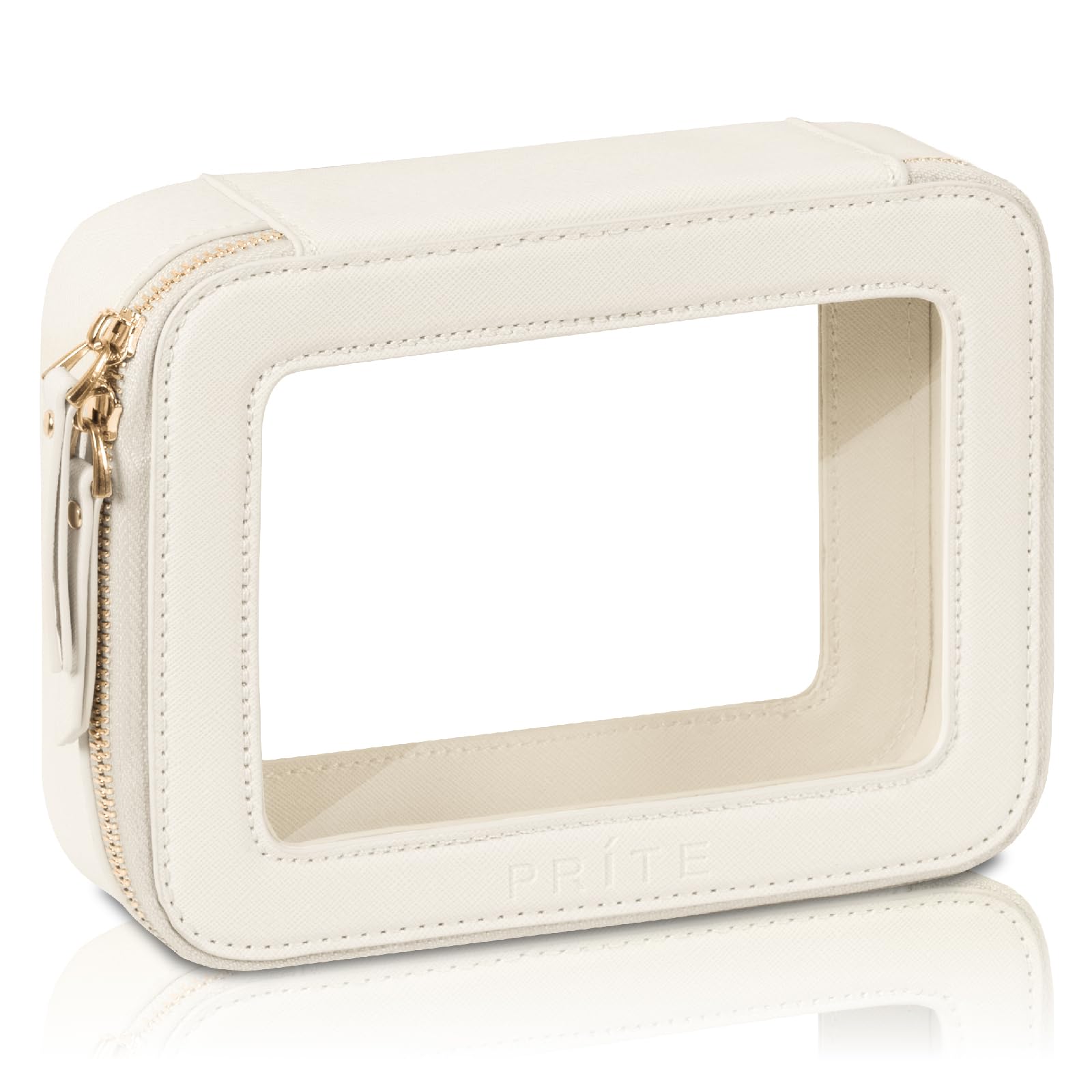Prite clear makeup bag beige with golden zipper for easy front-view access