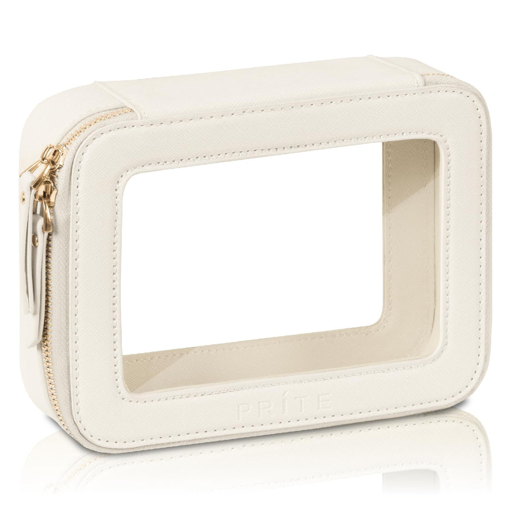Prite clear makeup bag beige with golden zipper for easy front-view access