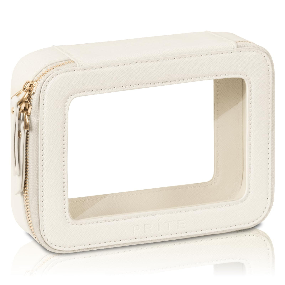 Prite clear makeup bag beige with golden zipper for easy front-view access