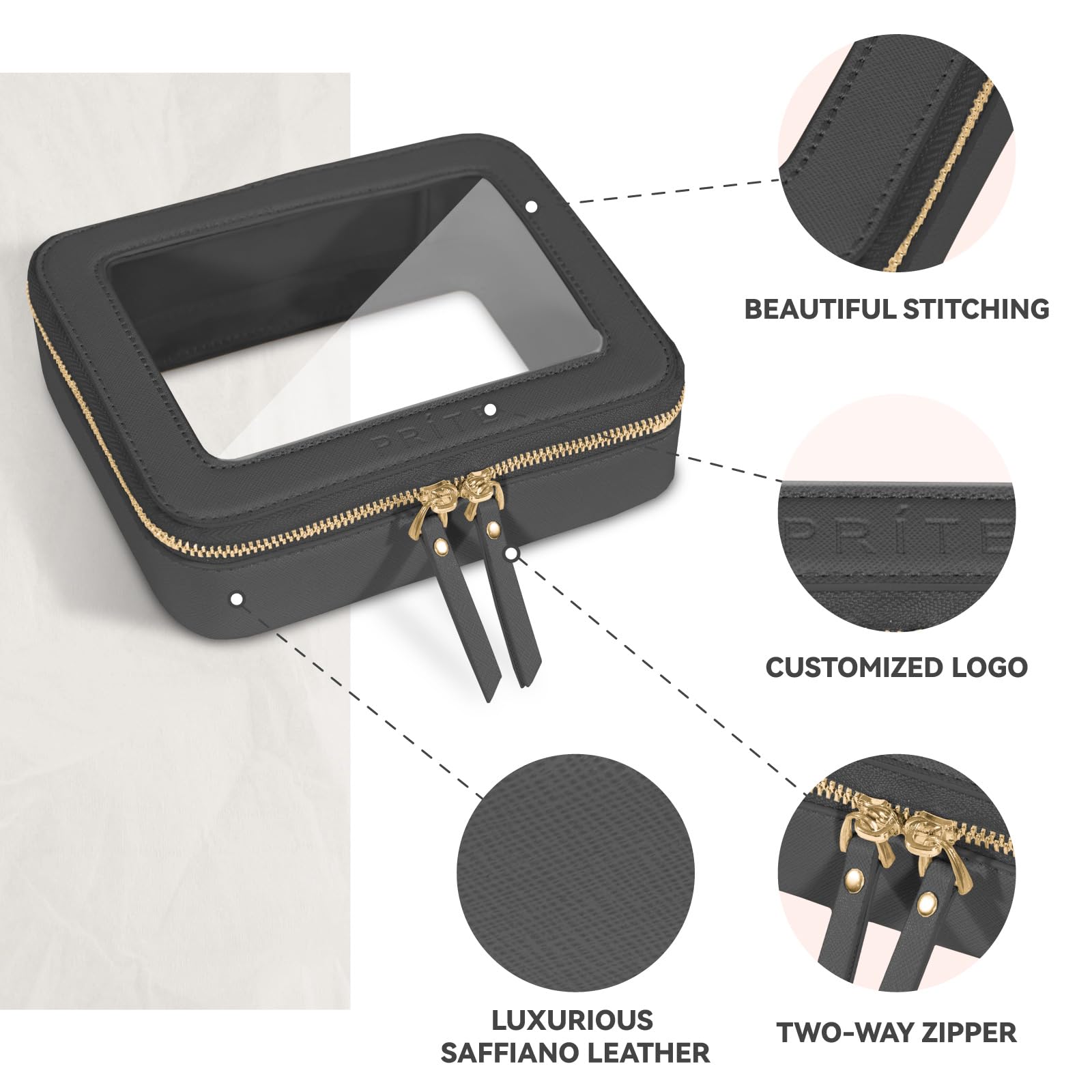 Prite skincare pouch with golden zipper adds a touch of luxury and practicality.