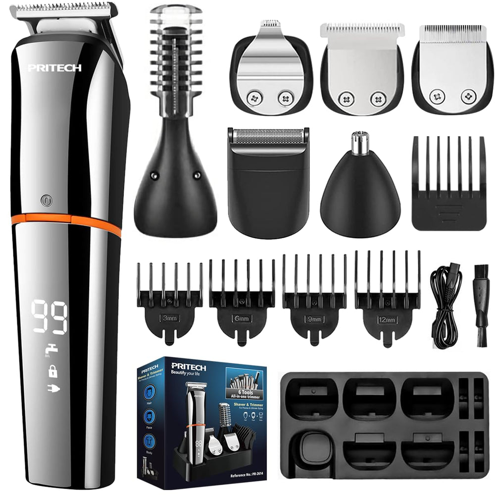 PRITECH beard trimmer 6-in-1 kit in action for precise facial grooming.