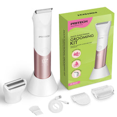 PRITECH Bikini Trimmer 2-in-1 unit display shows versatile grooming in one compact device.