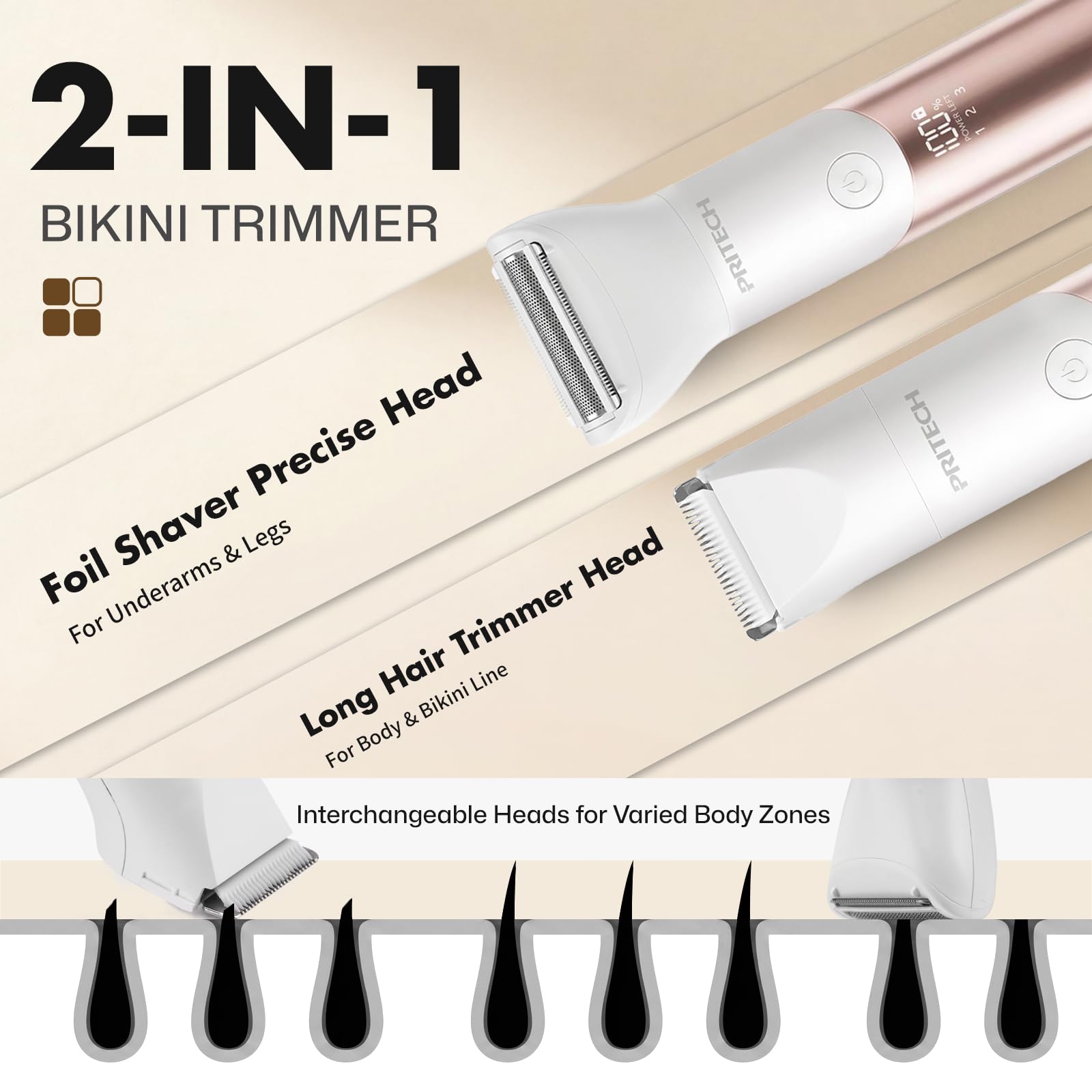 PRITECH Bikini Trimmer ceramic blade close-up highlights smooth precision during grooming.