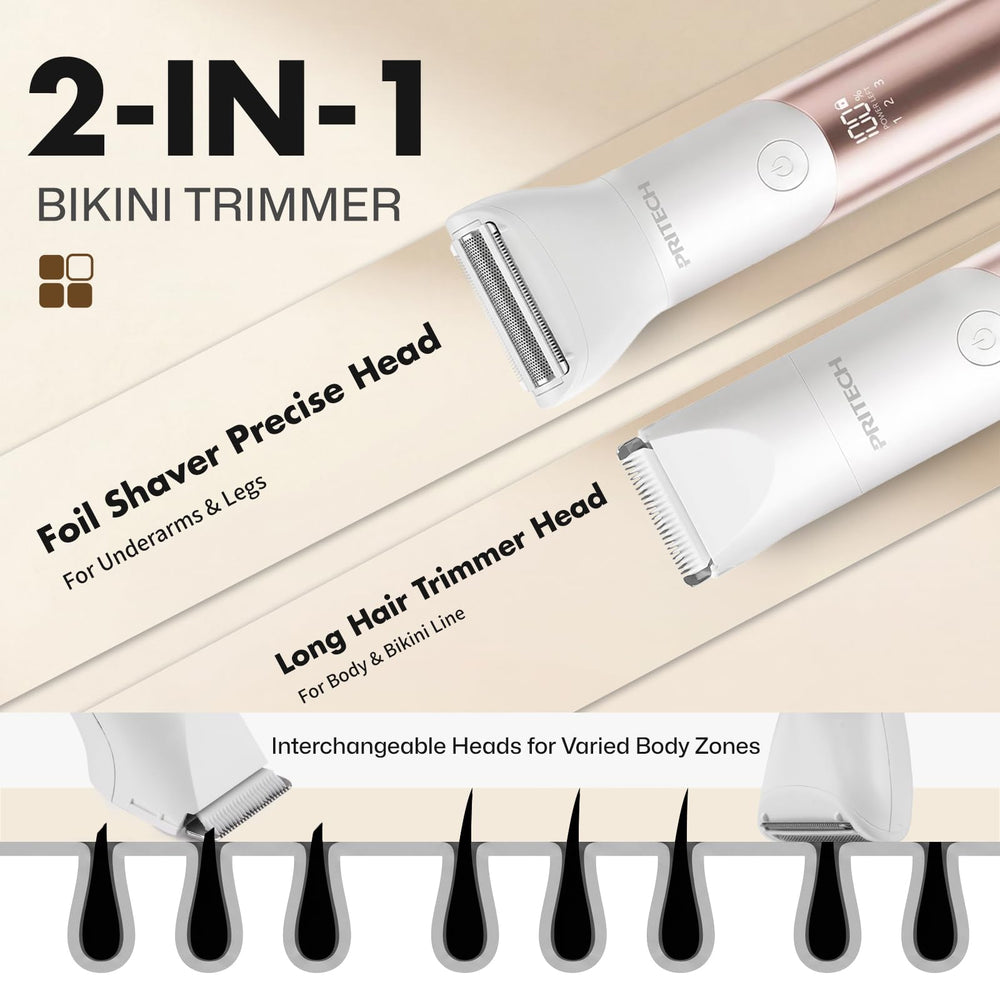 PRITECH Bikini Trimmer ceramic blade close-up highlights smooth precision during grooming.