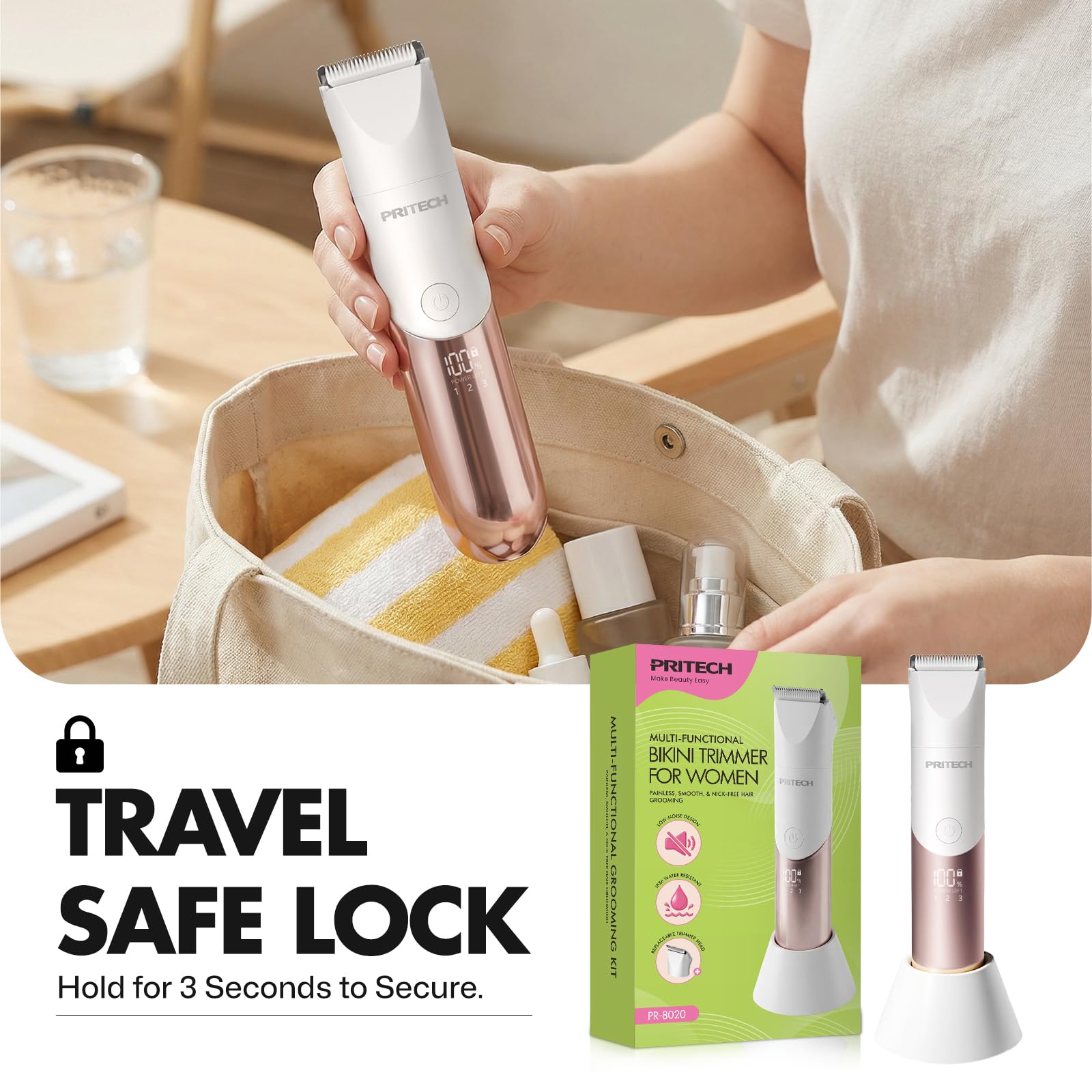 PRITECH Bikini Trimmer travel lock highlights secure travel protection.