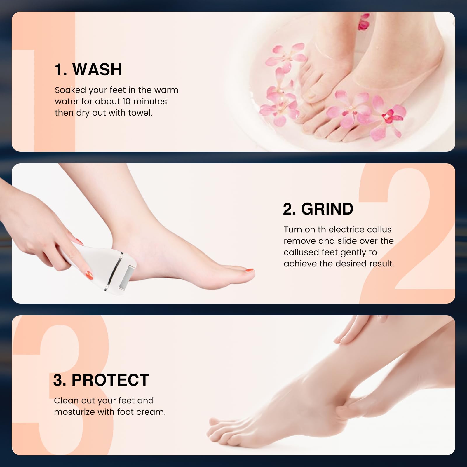 PRITECH electric foot callus remover in use demonstrates home spa convenience.